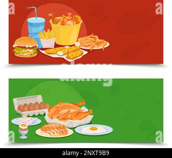 Set piatto di prodotti di pollo con due striscioni orizzontali con immagini della casa e dei pasti fast food illustrazione vettoriale Illustrazione Vettoriale