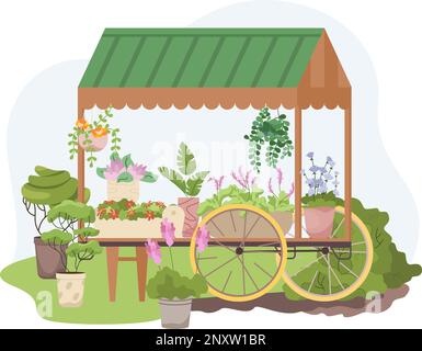 Home giardinaggio composizione piatta con vista di mercato gommato bancarella vendere fiori esotici decorativi in pentole vettore illustrazione Illustrazione Vettoriale