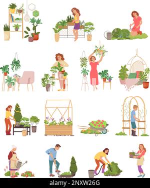 Set giardinaggio domestico con composizioni piatte di persone giardinaggio con piante vasi di fiori su sfondo bianco vettore illustrazione Illustrazione Vettoriale