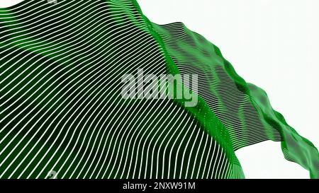 Ondeggiamento di materiale sconosciuto che si muove e si increspa su uno sfondo bianco. Design. Tessuto mobile a strisce Foto Stock