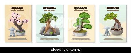 Tipi di albero di Bonsai giapponese realistic poster set isolato illustrazione vettoriale Illustrazione Vettoriale