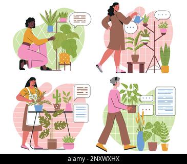 Set di persone che si prendono cura delle piante Illustrazione Vettoriale