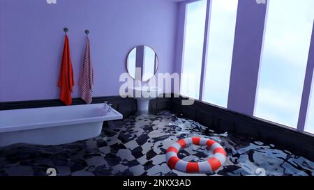 Immagine di un bagno surreale e realistico. Design. Sognare un bagno allagato con acqua del pavimento e una lifboa galleggiante Foto Stock