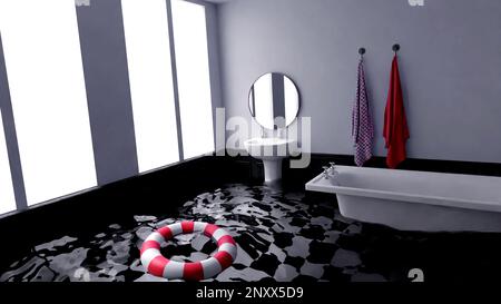 Immagine di un bagno surreale e realistico. Design. Sognare un bagno allagato con acqua del pavimento e una lifboa galleggiante Foto Stock