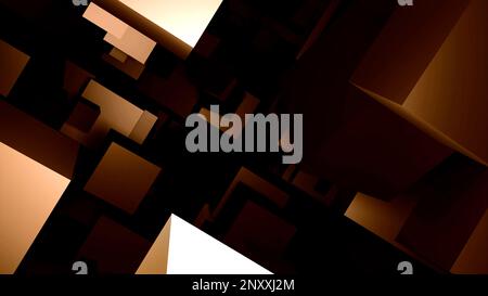 Muovendosi nel buio 3D cubi. Design. Flusso di cubi che volano lentamente con il gioco della luce e dell'effetto ombra Foto Stock