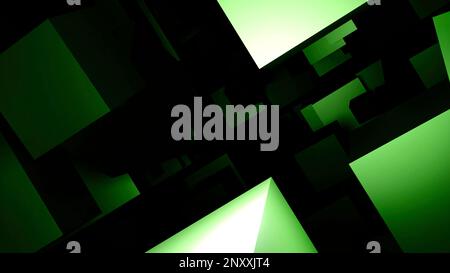 Muovendosi nel buio 3D cubi. Design. Flusso di cubi che volano lentamente con il gioco della luce e dell'effetto ombra Foto Stock