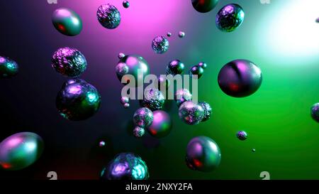 Molecole metalliche nello spazio mobile. Design. 3d molecole di metallo si muovono nello spazio su sfondo colorato. Struttura diversa di 3D palline in movimento caotico. Foto Stock