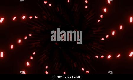 I punti luminosi ruotano a spirale su sfondo scuro. Design. Spirale tecnologica con punti al neon rotanti al buio. Le lanterne al neon si muovono a spirale al buio. Foto Stock