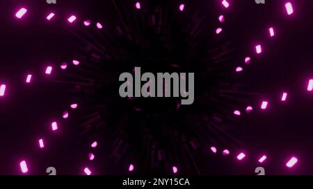 I punti luminosi ruotano a spirale su sfondo scuro. Design. Spirale tecnologica con punti al neon rotanti al buio. Le lanterne al neon si muovono a spirale al buio. Foto Stock