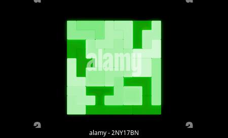 Sfondo nero. Design.Green tetris in animazione che cade su uno sfondo vuoto scuro. Riprese in 4K di alta qualità Foto Stock
