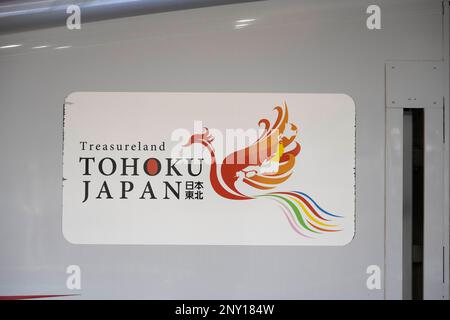 Tokyo, Giappone. 28th Feb, 2023. Un JR East E6 Series (E6ç³») Shinkansen, costruito da Hitachi e Kawasaki Heavy Industries, presso la stazione di Tokyo con servizio sulla TÅhoku Shinkansen fino alla stazione di Shin-Aomori. Stazione di Tokyo (Æ±äº¬é§…) È uno storico hub di trasporto in Giappone, che serve come terminal per shinkansen e treni locali. È anche una destinazione per lo shopping e i ristoranti, con ristoranti, boutique e un hotel nel suo edificio principale in mattoni ristrutturato. Shinkansen (Æ-°å¹¹ç·š) è la rete di treni ad alta velocità giapponese che collega le principali città. Noto per velocità, efficienza e comfort, è uno dei Foto Stock