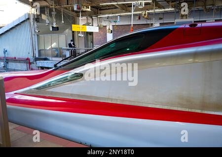 Tokyo, Giappone. 28th Feb, 2023. Un JR East E6 Series (E6ç³») Shinkansen, costruito da Hitachi e Kawasaki Heavy Industries, presso la stazione di Tokyo con servizio sulla TÅhoku Shinkansen fino alla stazione di Shin-Aomori. Stazione di Tokyo (Æ±äº¬é§…) È uno storico hub di trasporto in Giappone, che serve come terminal per shinkansen e treni locali. È anche una destinazione per lo shopping e i ristoranti, con ristoranti, boutique e un hotel nel suo edificio principale in mattoni ristrutturato. Shinkansen (Æ-°å¹¹ç·š) è la rete di treni ad alta velocità giapponese che collega le principali città. Noto per velocità, efficienza e comfort, è uno dei Foto Stock