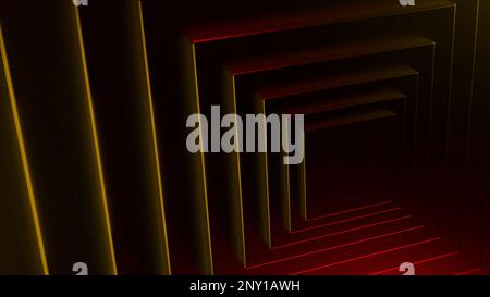 Animazione con quadrati in movimento e luce al neon. Design. 3D piramide mobile di quadrati e linee al neon. Illusione di una luce al neon rotante con ombre in piazza Foto Stock