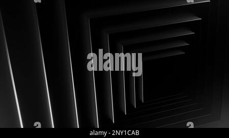 Animazione con quadrati in movimento e luce al neon. Design. 3D piramide mobile di quadrati e linee al neon. Illusione di una luce al neon rotante con ombre in piazza Foto Stock