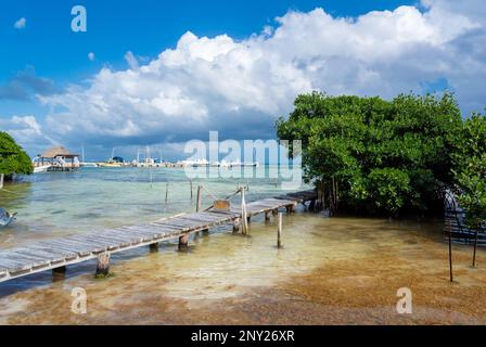 Mahahual, Quintana Roo, Messico, Un molo sulla spiaggia di Mahahual con sargassum che danneggiano la costa maya. Foto Stock