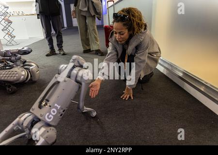 Barcellona, Spagna. 01st Mar, 2023. Un robot a quattro bioni della società Unitree che mostra trucchi simili a cani a un visitatore della MWC. Il Mobile World Congress (2023) di Barcellona organizzato da GSMA è l'evento più grande e più influente per l'ecosistema della connettività mondiale. In questo evento le aziende più importanti del settore presentano le loro nuove tecnologie. (Foto di Axel Miranda/SOPA Images/Sipa USA) Credit: Sipa USA/Alamy Live News Foto Stock