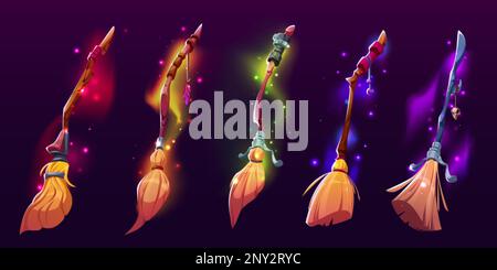 Scope strega, bromacchette magiche per decorazione di Halloween o gioco di stregoneria. Besom volante con bastone di legno, ramoscelli e mistico bagliore, set di cartoni animati vettoriali Illustrazione Vettoriale