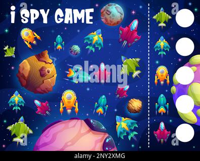 I gioco spia cartone animato astronave, starcraft e navette spaziali. I bambini si ridono vettoriali con razzi cartoni animati e navi in cosmo o galassia. Quanti bambini di astronave testano, compito di istruzione per i bambini Illustrazione Vettoriale