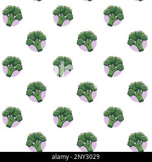 Grazioso motivo kawaii Broccoli senza cuciture in stile doodle. Illustrazione di Broccoli disegnata a mano da vettore. Illustrazione Vettoriale