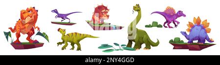 Set di caratteri vettoriali isolati dai dinosauri cartoni animati. triceratops preistorici, stegosaurus e tirannosaurus jurassic bella collezione di clipart. Grande adorabile dino bestia gioco design per la mascotte asilo. Illustrazione Vettoriale