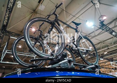 Biciclette montate sul tetto di un'auto Foto Stock