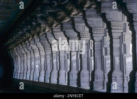 Il più lungo corridoio del tempio a colonne in Rameshwaram, Tamil Nadu, India Foto Stock