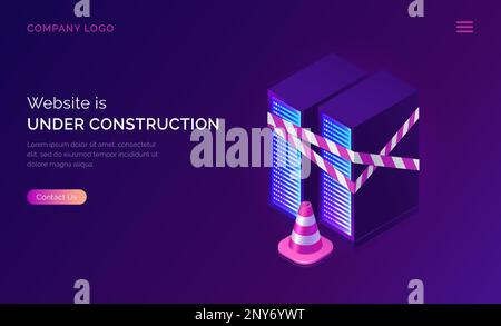 Sito Web in costruzione, lavori di manutenzione o pagina errori illustrazione vettoriale del concetto isometrico. Rack server con nastro di segnalazione e cono di traffico, banner Web viola ultravioletto Illustrazione Vettoriale