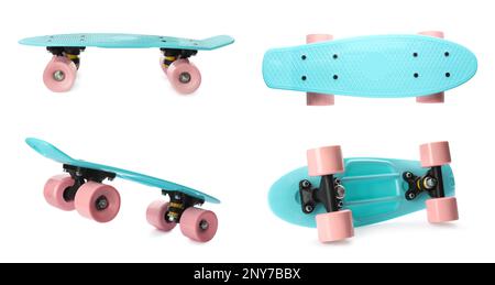 Skateboard turchese con ruote rosa su sfondo bianco, collage. Attrezzatura sportiva Foto Stock