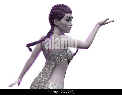 Fantasy ragazza con capelli intrecciati viola indossare vestito argento, 3D Illustrazione. Foto Stock