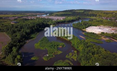 Laghi e paludi con vegetazione circostante, cespugli e alberi. Fermo. Vista aerea del fiume curvato e cespugli Foto Stock