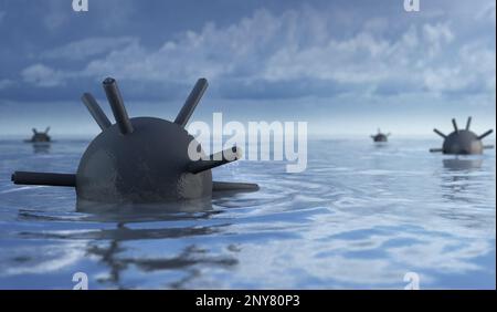 Miniere nel mare - rendering 3D Foto Stock