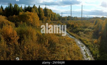 In quad lungo i campi. Fermo. Vista aerea della foresta autunnale su uno sfondo cielo nuvoloso, stile di vita attivo Foto Stock