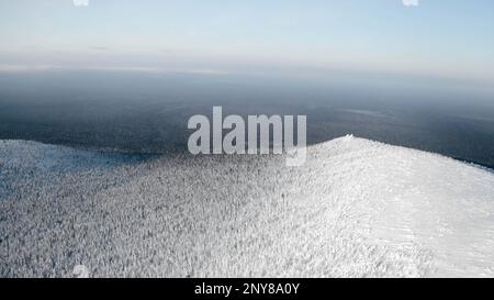 Paesaggio calmo e freddo con l'infinita valle di foresta ghiacciata. Fermo. Veduta aerea di una montagna innevata Foto Stock