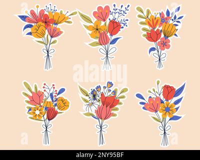 Confezione di adesivi con elementi floreali. Romantica collezione di fiori con bouquet di fiori. Ideale per biglietti d'auguri o design di invito, poster floreale Illustrazione Vettoriale