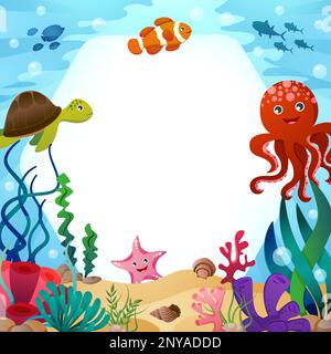 Animali SEA LIFE con scena oceanica e spazio copia esagonale . Stile cartone animato . Vettore . Illustrazione Vettoriale