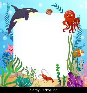 Animali SEA LIFE con scena oceanica e spazio copia rettangolare . Stile cartone animato . Vettore . Illustrazione Vettoriale