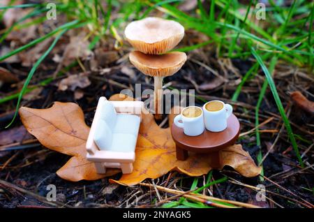 Mini divano e tazze da caffè su un tavolo giocattolo, immerso tra i funghi torreggianti nella foresta. Fuga rilassante dal fastore quotidiano. Foto Stock