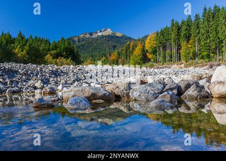 Valle di Graswang e fiume Linder, Scheinbergspitze sullo sfondo, Alpi di Ammergauer, alta Baviera, Baviera, Germania, Europa Foto Stock