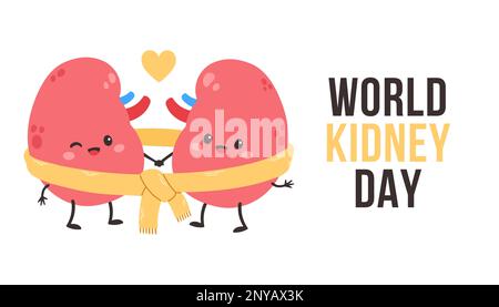 World rene Day Card, illustrazione vettoriale con carino cartone animato coppia di rene in sciarpa gialla. Illustrazione Vettoriale