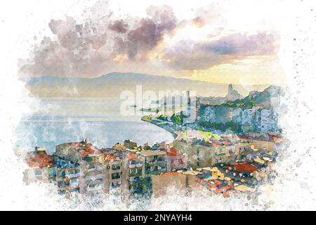 Acquerello città di Izmir (Smyrna), Turchia. Mar Egeo. Vista panoramica dalla città di Asansor (l'ascensore, Karatas, Konak) Foto Stock