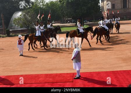 Nuova Delhi, Delhi, India. 2nd Mar, 2023. Il primo Ministro indiano Narendra modi a Rashtrapati Bhavan (Palazzo dei Present Indiani) durante la cerimonia del Premier italiano Giorgia Meloni, a Nuova Delhi il 02 marzo 2023 (Credit Image: © Ravi Batra/ZUMA Press Wire) SOLO PER USO EDITORIALE! Non per USO commerciale! Credit: ZUMA Press, Inc./Alamy Live News Credit: ZUMA Press, Inc./Alamy Live News Foto Stock