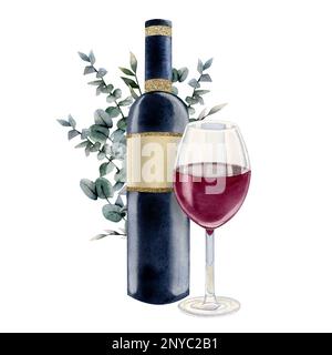 Acquerello kosher bottiglia di vino rosso e vetro con rami di eucalipto illustrazione per il kiddush di Shabbat, vacanze ebraiche isolate su sfondo bianco Foto Stock