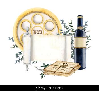 Modello di saluto Passover acquerello per biglietto, invito, volantino con rotolo, matzah, piastra di sidro pesach, eucalipto e vino kosher Foto Stock