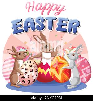 Buon giorno di Pasqua con coniglietti carini e uova colorate illustrazione Illustrazione Vettoriale