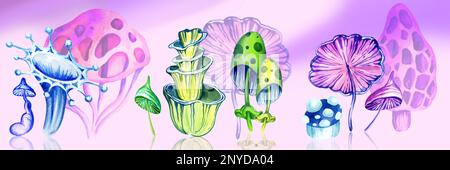 paesaggio cosmico con fantastici funghi cosmica e stelle su sfondo rosa, acquerello disegno a mano, colore al neon Foto Stock