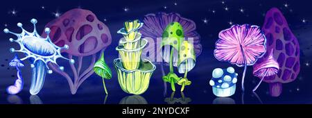 paesaggio cosmico con fantastici funghi cosmica e stelle su sfondo scuro, acquerello disegno a mano, colore al neon Foto Stock
