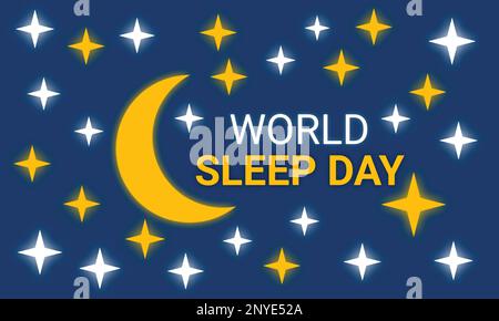 Concetto di World Sleep Day con stelle e luna crescente su sfondo blu. Il giorno del sonno del mondo si osserva ogni anno nel mese di marzo, destinato ad essere una celebrazione Illustrazione Vettoriale