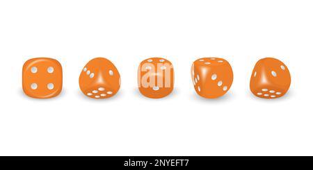 Vector 3D gioco realistico arancione dadi con punti neri icone Set closeup isolato su sfondo bianco. Cubi di gioco per giocare in diverse posizioni Illustrazione Vettoriale