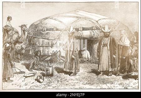 Un'illustrazione del 19th ° secolo e la descrizione di una tenda Kirghiz kibitka , yurt o abitazione di proprietà di una famiglia ricca Foto Stock