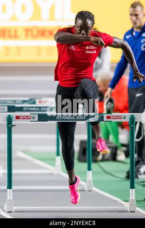 Il belga Anne Zagre ha ritratto in azione durante i preparativi in vista della 37th° edizione dei Campionati europei di atletica al coperto, a Istanbul, in Turchia, giovedì 02 marzo 2023. I campionati si svolgono dal 2 al 5 marzo. FOTO DI BELGA JASPER JACOBS Foto Stock